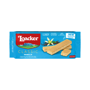 Loacker Classic Waffeln Vanille, knusprig, 90g Produktbild, Vorderseite der Verpackung